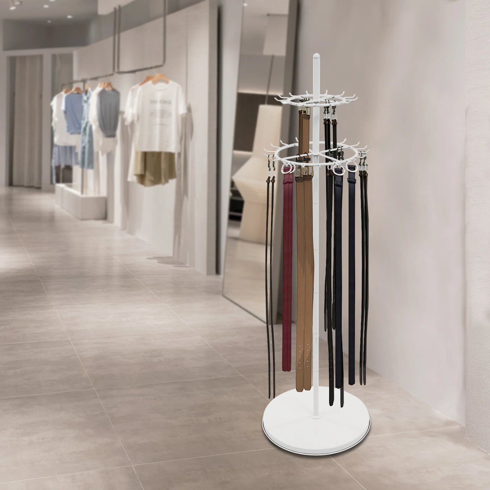 

Multi-Tiered Retail Counter Display Rack for Belts and Ties, 31 Hooks, Adjustable Feet, Durable Steel, Modern Minimalist Design