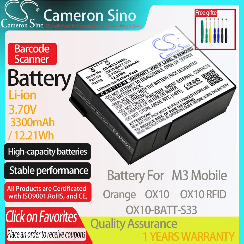 

CameronSino Battery for M3 Mobile Orange OX10 OX10 RFID fits M3 Mobile OX10-BATT-S33 Barcode Scanner battery 3300mAh 3.70V Black