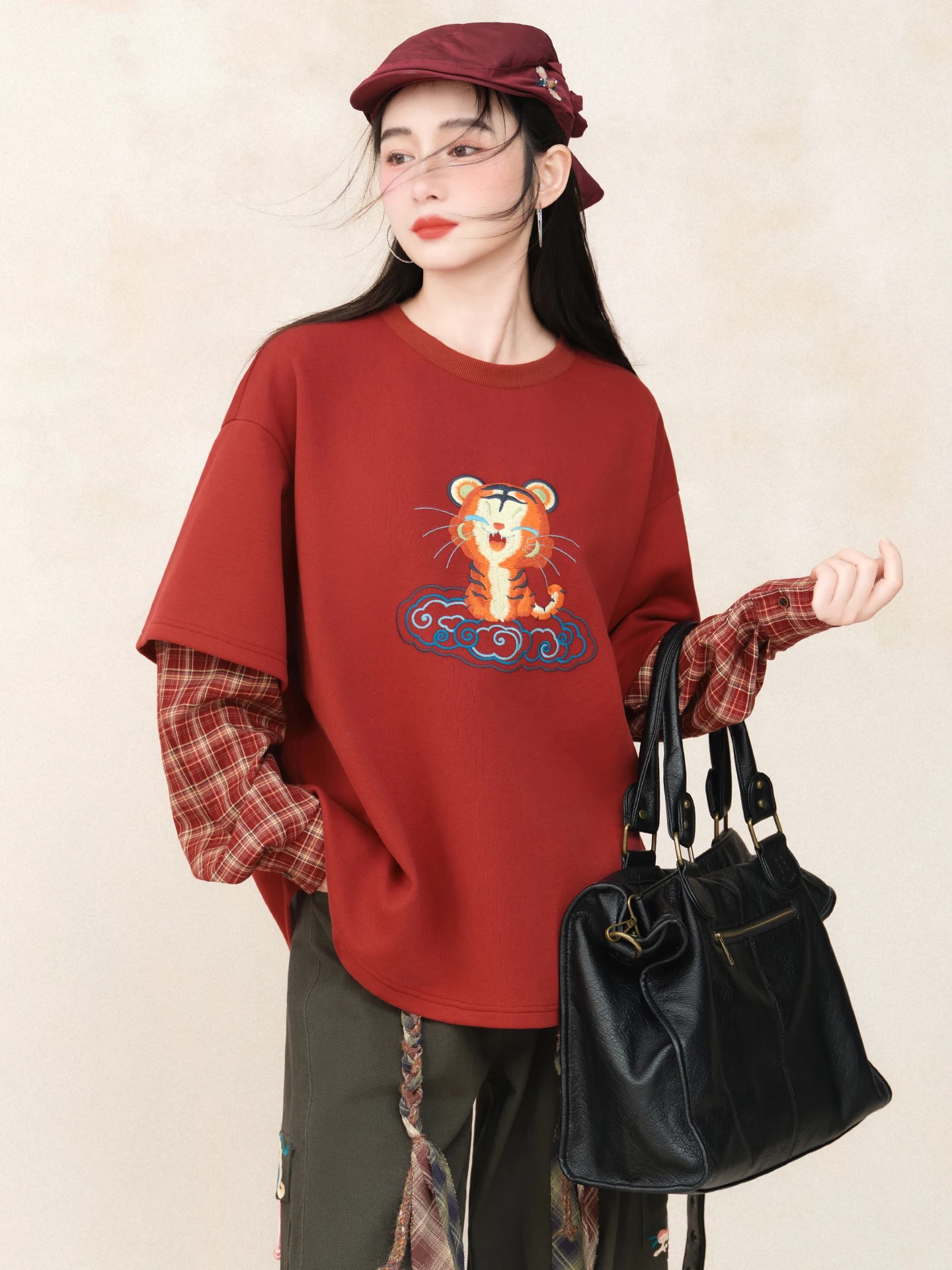 

Original Spring Faion Ethnic Embroidery Long Sve round Ne T-irt by Sorlu Tiger Star High Visibili Retro Sle Cott...