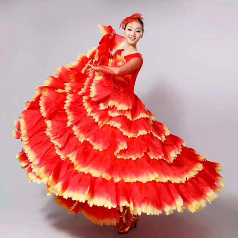 Damen Spanisches Flamenco Stierkampf-Kleid, Eröffnungstanz, Großer Schwung, Blütenblatt-Design, Klassische Kleider, Bühnentänzerin, Performance-Rock, Kostüm – Detail 11