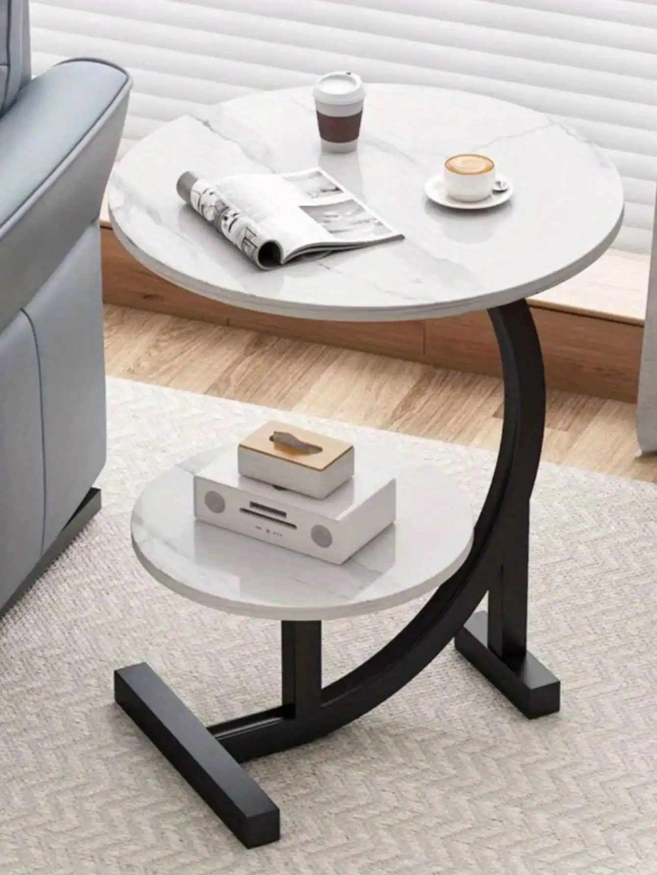 

C-Shaped Round Narrow Side Table (Walnut) – Mid-Century Modern for Small Spaces/Bedroom/Living/Office