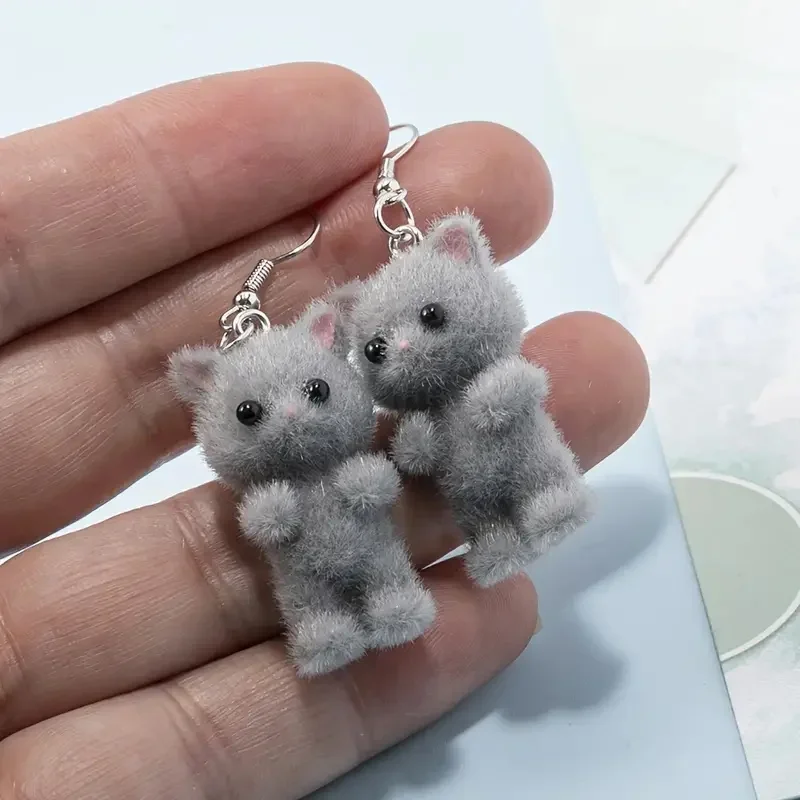 Cute Resin Flocked 3D Cat Earrings,Cartoon Animal Earrings,Holiday Party Gift