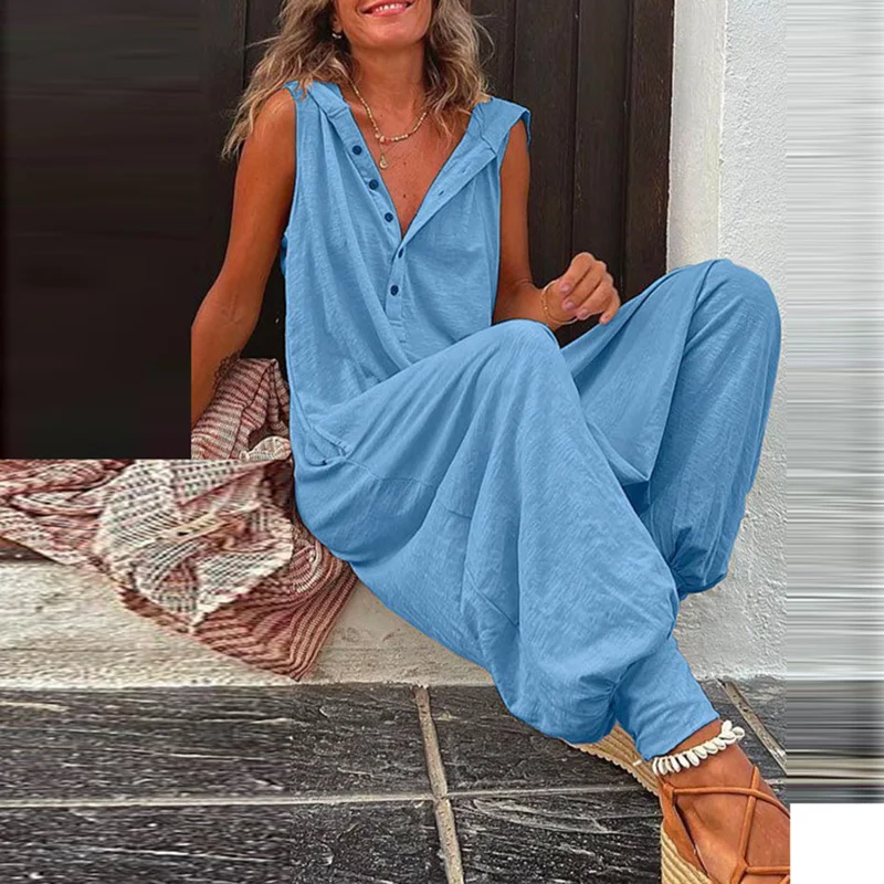 Retro Taste Sleeveless Strand Strampler Einfache Solide Kreuz-hosen Dame Overall Frauen Casual Lose Mit Kapuze Overall Sommer Streetwear