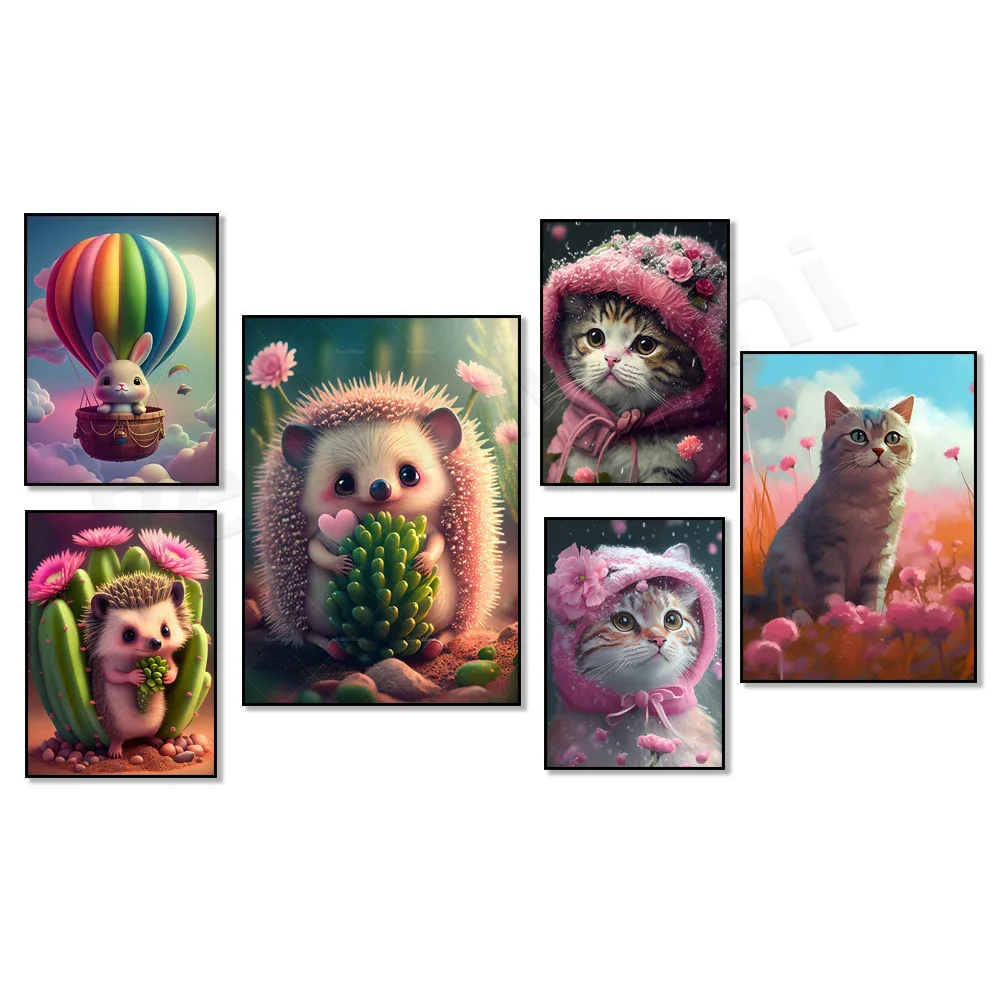 Cute hedgehog hugging cactus, bunny sky wonders, bunny in hot air balloon, cat sitting among flowers, cute snow cat poster gift