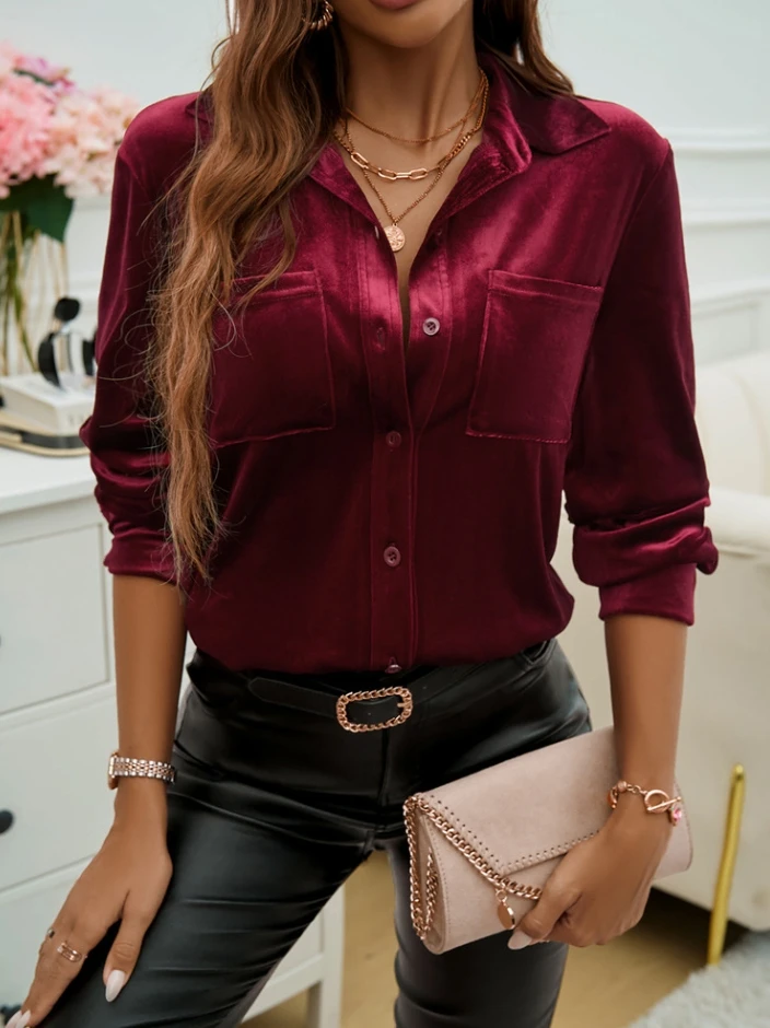 

Vintage Women's Velvet Long Sleeve High-End Solid Color 2025 Autumn Winter New Fashion Casual Cardigan Long Sleeve Blouses Shirt