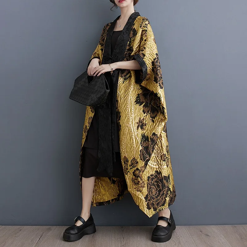 

Literary Chinese style flower jacquard casual plus bat sleeve cardigan retro button color blocked loose jacket