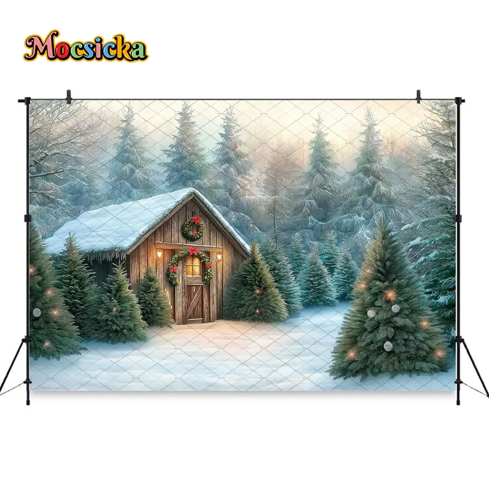 Mocsicka Christmas Tree Farm Backdrop Photography Winter Sunshine Snowy Wooden Cabin Background Family Kid Portrait Photo Booth