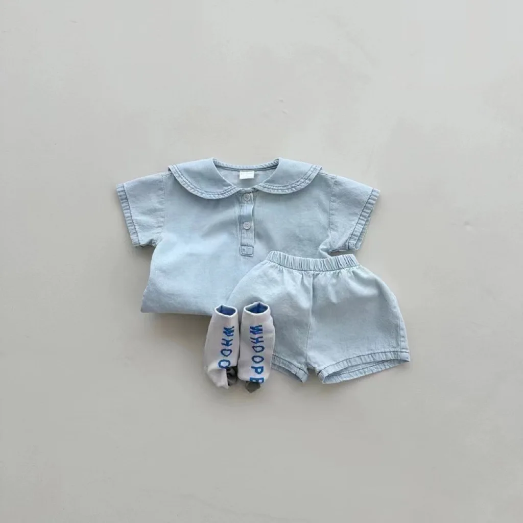 Summer New Baby Short Sleeve Denim Set Infant Boy Girl Sailor Collar Tops + Shorts 2pcs Suit Toddler Versatile Casual Outfits