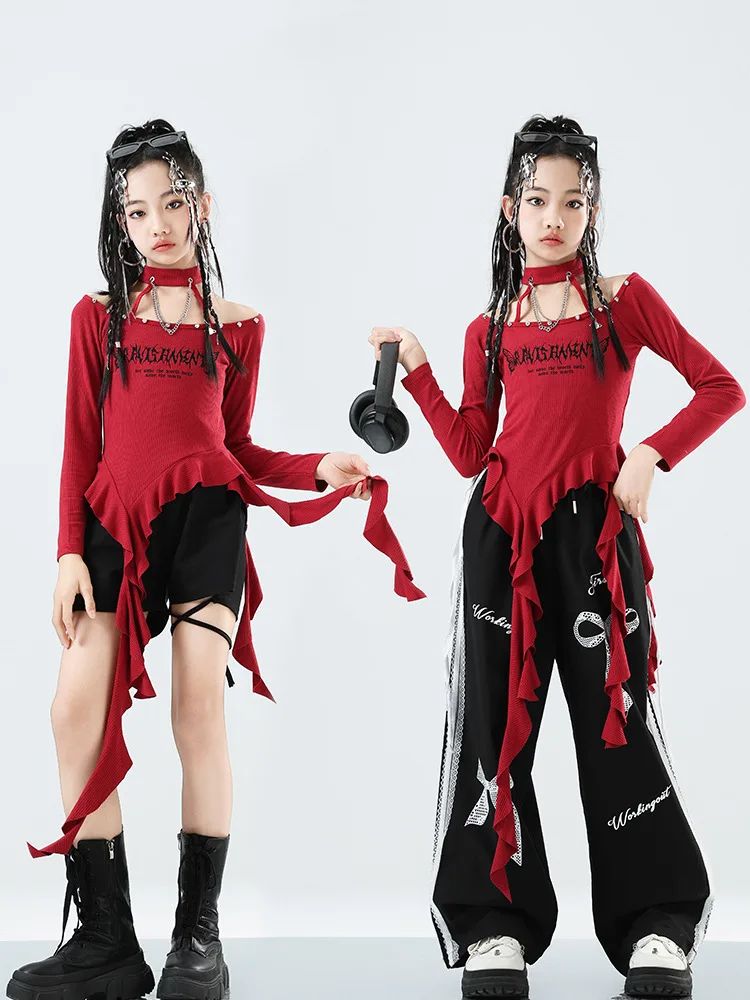 Kinder K-pop Unregelmäßige Crop Top Street Dance Lose Hosen Mädchen Gruppe Kleidung Jazz Kostüm Kinder Hip Hop Streetwear set
