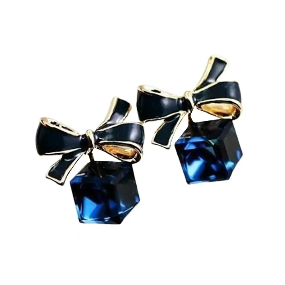 1 Pair Fashion Women Earring Faux Crystal Bowknot Cube Ear Stud Earring Jewelry Accessory for Party