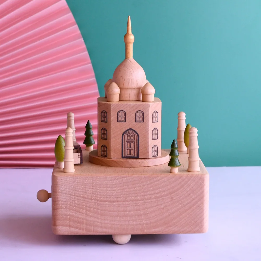 Handmade rotatable wooden music box, Taj Mahal building 18-tone music box holiday birthday gift