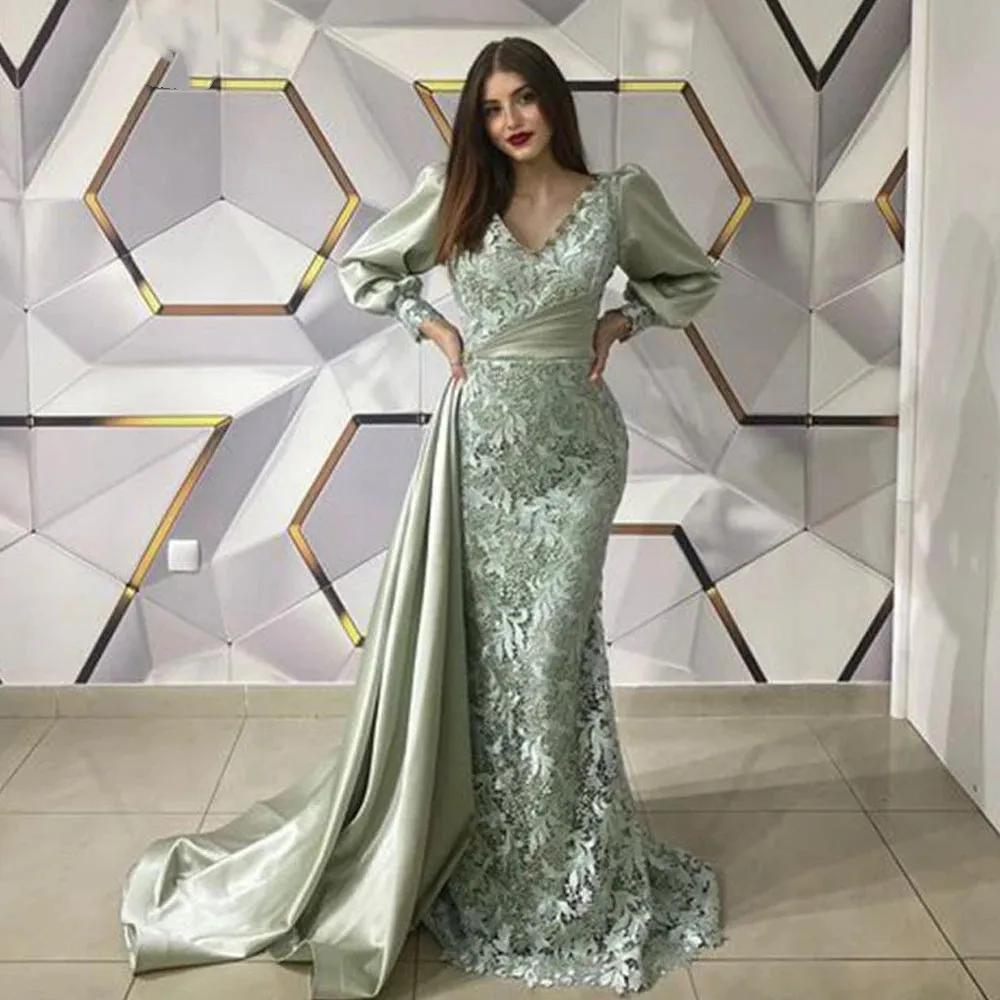 2023 Sage Lace Satin Evening Dresses Mermaid V Neck Long Sleeves Side Train Wome Formal Nigh Party Gowns Aarbic Robe Plus Size