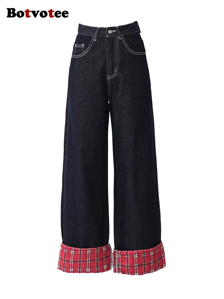 Botvotee Retro Streetwear Y2k Plaid Patchwork Jeans für Frauen Breite Bein Baggy Gerade Hohe Taille Dunkelblau Denim Jeans Weibliche
