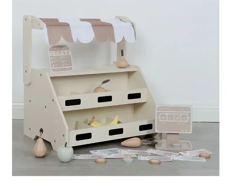 43cm High-Quality Playhouse Interactive Toy Wooden Simulated Fruit Stand with Banana Apple Pear and Cash Register Game Gift