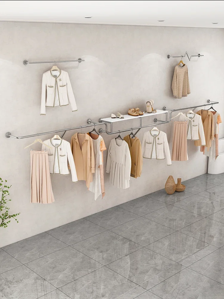 Simple clothing store display rack Women's clothing store shelf Stainless steel side hanging wall floor wall hanging