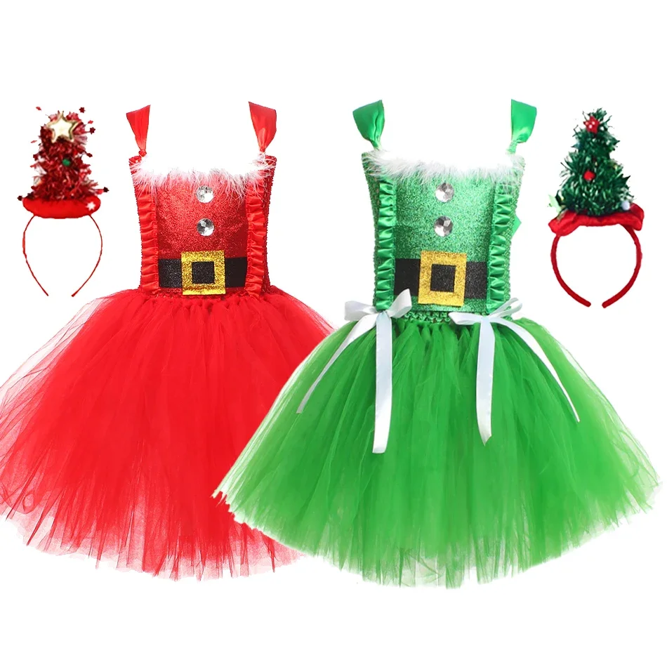 Mädchen Pailletten Rot Weihnachten Kleid Kinder Santa Claus Cosplay Anzug Nette Elf Mädchen Grün Weihnachten Tutu Kleider Neue Jahr Kostüme