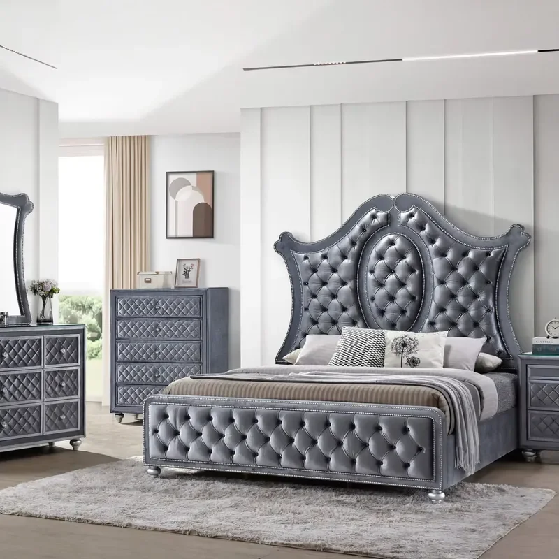 Solid Wood Bedroom Set Grey Velvet Fabric Luxury Size Bed Frame Modern Furniture Home Decor High Quality Durable Design