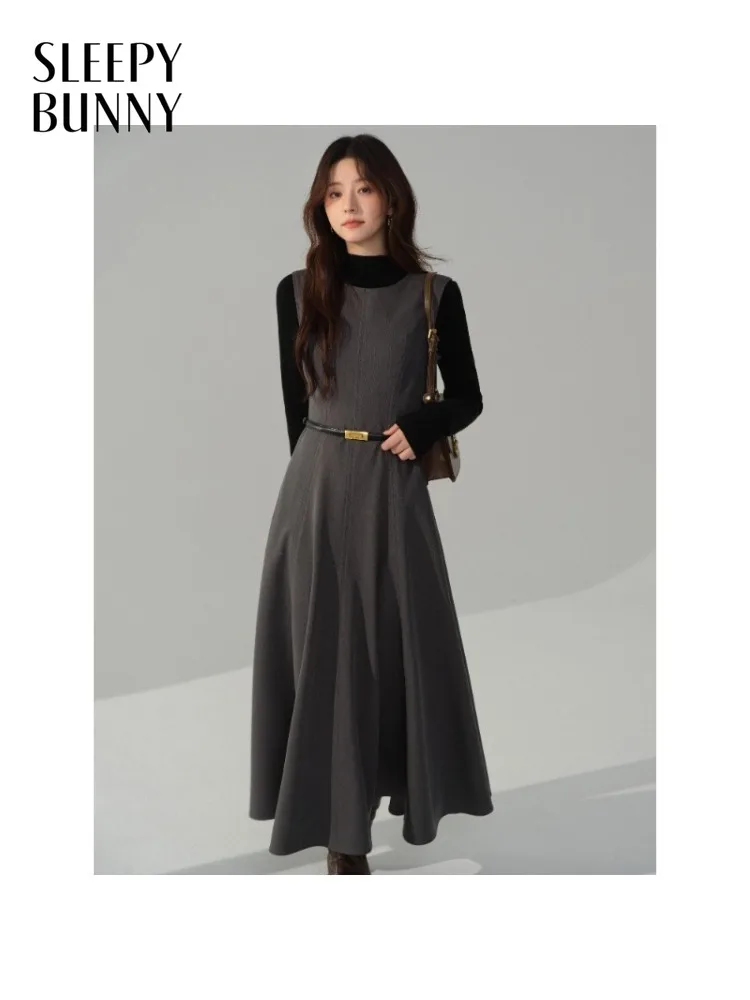 

Elegant Sleeveless Women Midi Dress Vintage A-Line Dress High Waist Solid Color Vest Skirt for Female Autumn Casual Chic Outfit