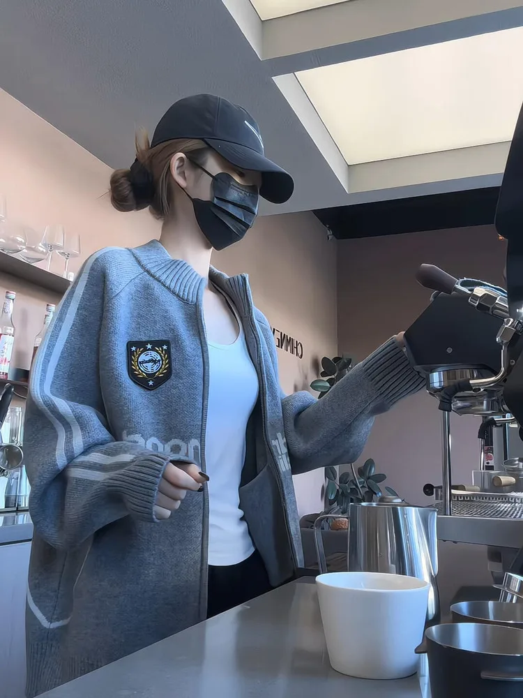 Retro American Zipper Collar Open Cardigan Sweater Women Early Spring Lazy Style Loose Outerwear Inner Match Knitted Jacket Top