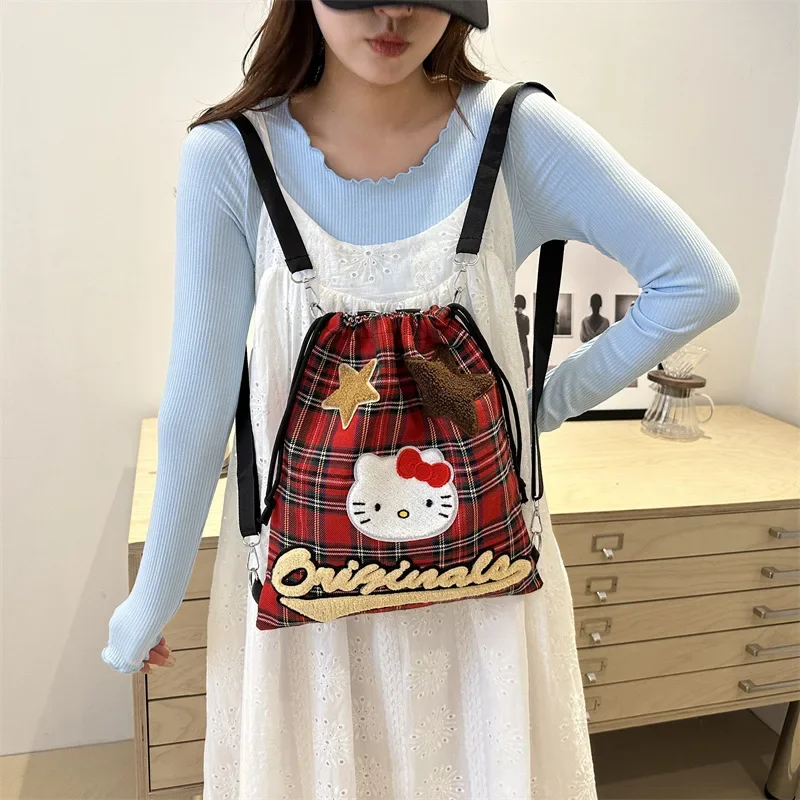 Sanrio Hello Kitty Convertible Backpack Cute Retro Red Checkered Single Shoulder Bags Y2K Canvas Multi Functional Shoulder Bags