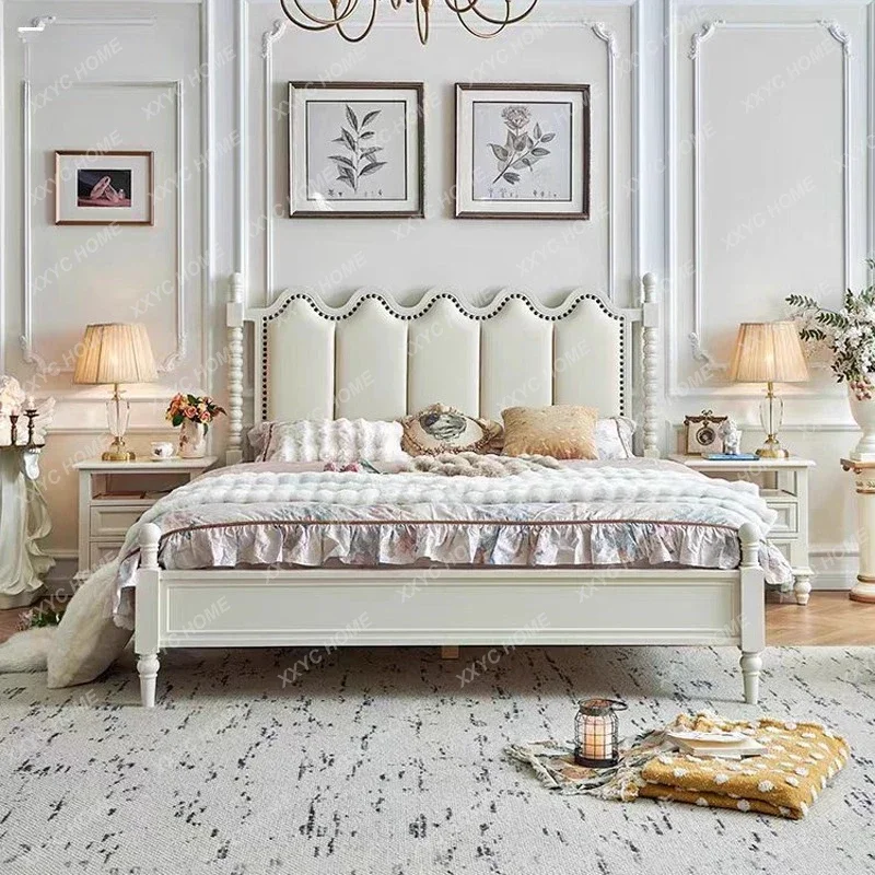 A Retro leather bed master bedroom 1.8 meters solid wood double bed