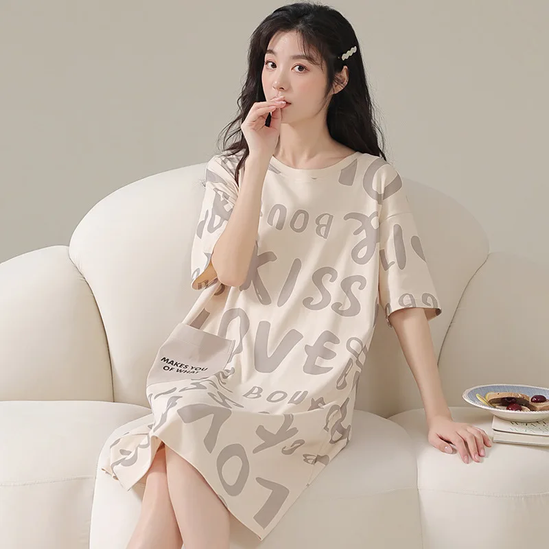 Summer Women Fashion Loose Pajama Dress Girls Short Sleeves Round Neck Casual Loungewear Nightdress Lady Pajama Nightgown Dress
