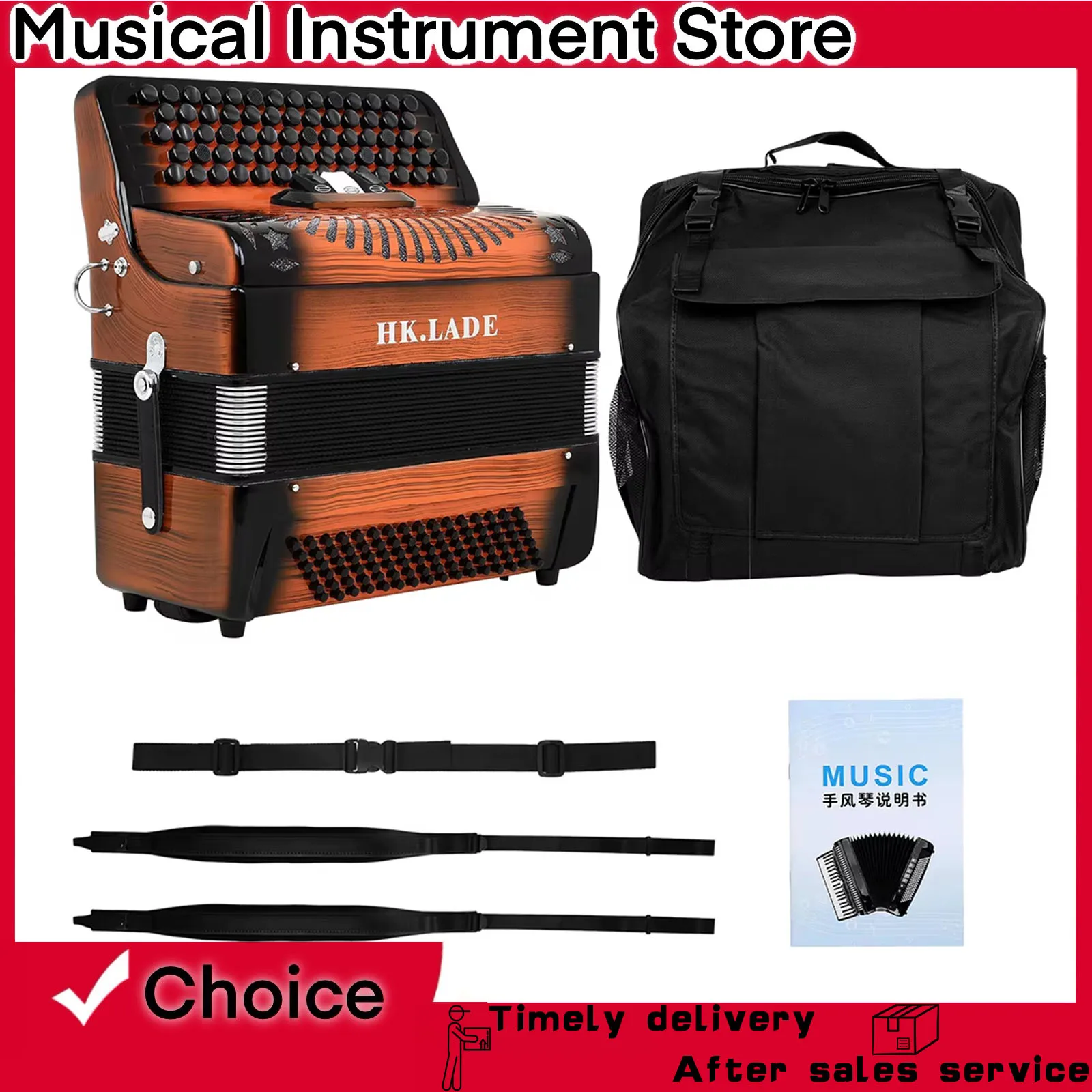 

HK · LADE AH-260 Accordion 69 Keys 96 Bass Key Button Spray Paint Tone Orange Professional Bayan Accordion Keyboard Instrumen