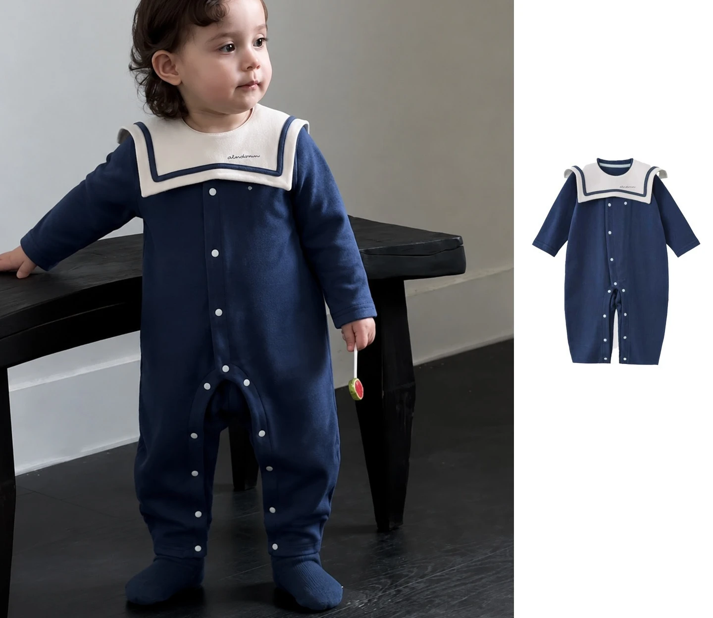 College Style Navy Collar Childrens Jumpsuit Made of Pure Cotton Class A Detachable Lapel for Baby Clothes