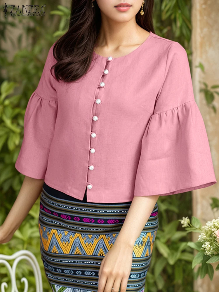 

ZANZEA Fashion Elegant Shirts 2025 Autumn Women Tunic Tops Casual 3/4 Flare Sleeve Solid Blouses Office Lady Blusas Femininas