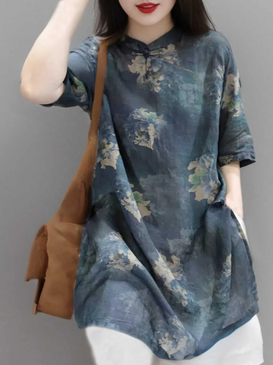 

Women's Ethnic Sle Thin Cotton Linen irt Collar Button Ele Midi irt Dr Trendy Busin Casual Loose Fit Summer