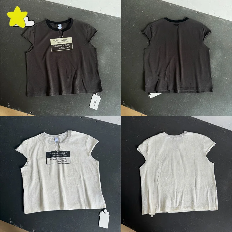 Vintage Washed Black White Damaged Hole Protocol Index Sleeve-Cut T-Shirt Tee Men Women Unisex Oversized Destroyed Collar Tops