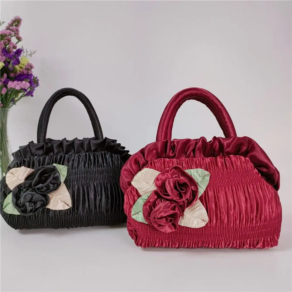 

Leaf Hanfu Rose Flower Handbag Satin Silk Bubble Zipper Flower Tote Bag Storage Bag Mommy Bag Ethnic Style Wrist Bag Travel
