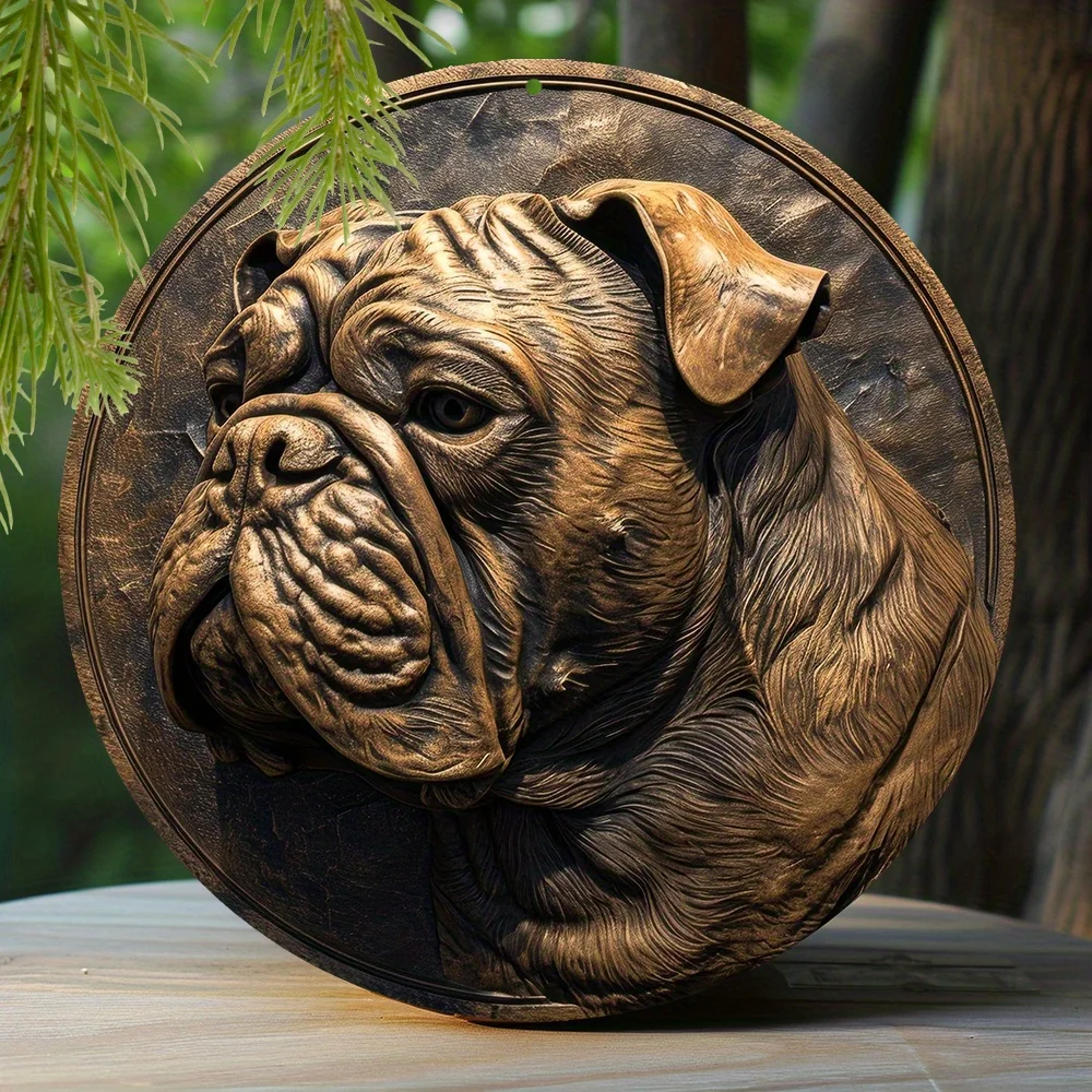 

Aluminum Sign Faux Embossing Painted Round Wreath Sign Living Room Decoration Women Gifts Bulldog Themed Decor