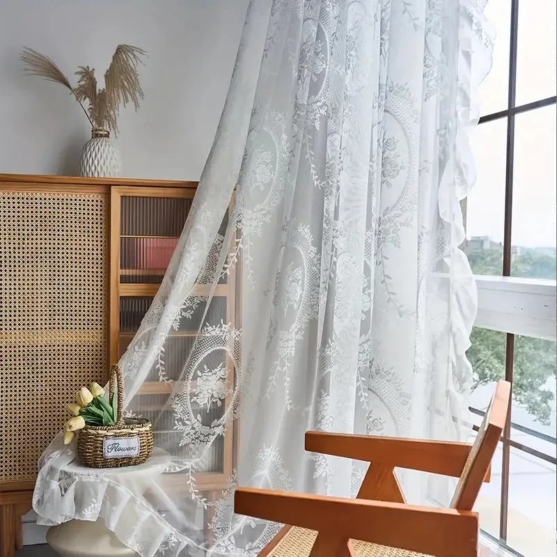 Ruffled Floral Sheer Jacquard Tulle Curtain Panel for Living Room Window Drapes Vintage Lace Voile Rod Pocket Home Decorative