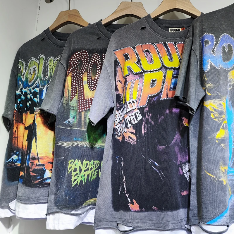 Fashion Trend Brand Distressed Faded Worn Out Holey Rough Play Top Men's Women's Hip Hop Print Rhinestone Short Sleeves