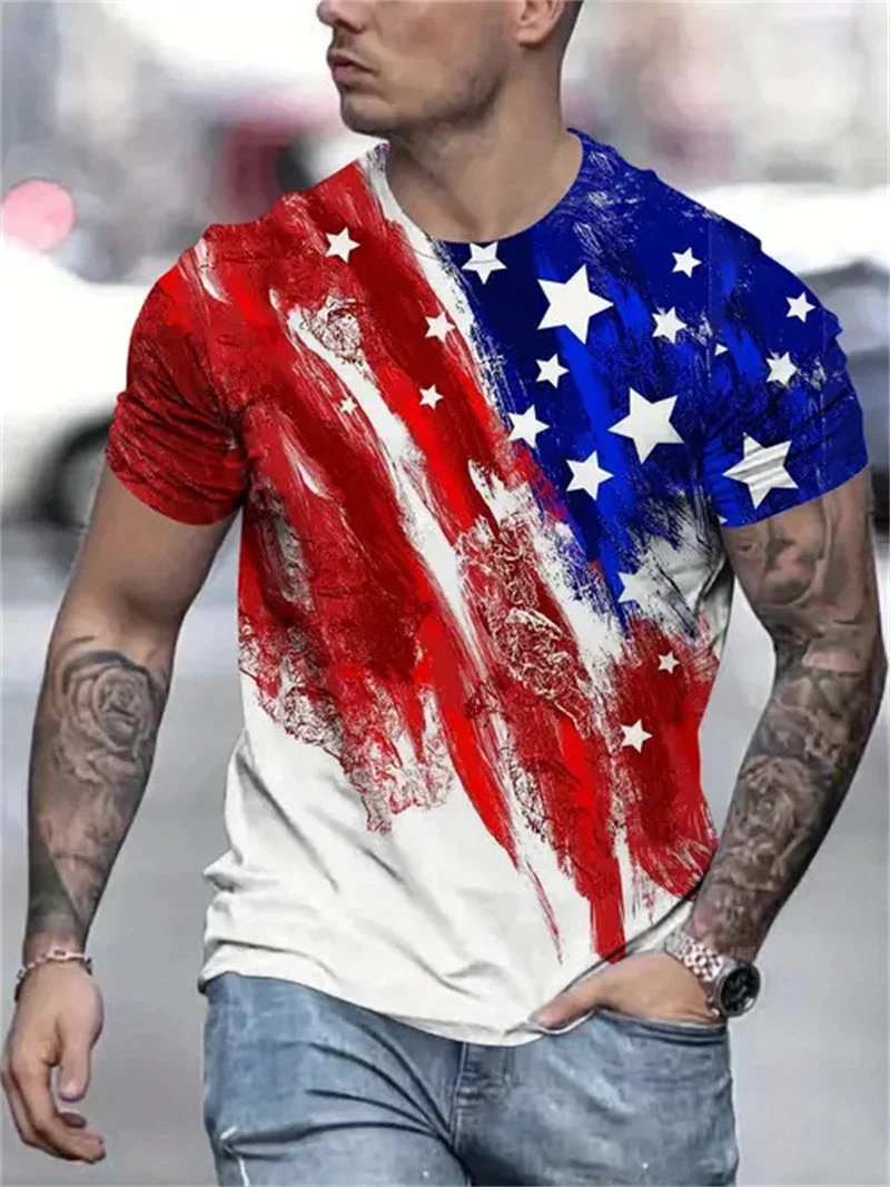 Herren-T-Shirt mit amerikanischer Flagge und Pinselaufdruck, lässig, Rundhalsausschnitt, kurze Ärmel, patriotische Oberteile