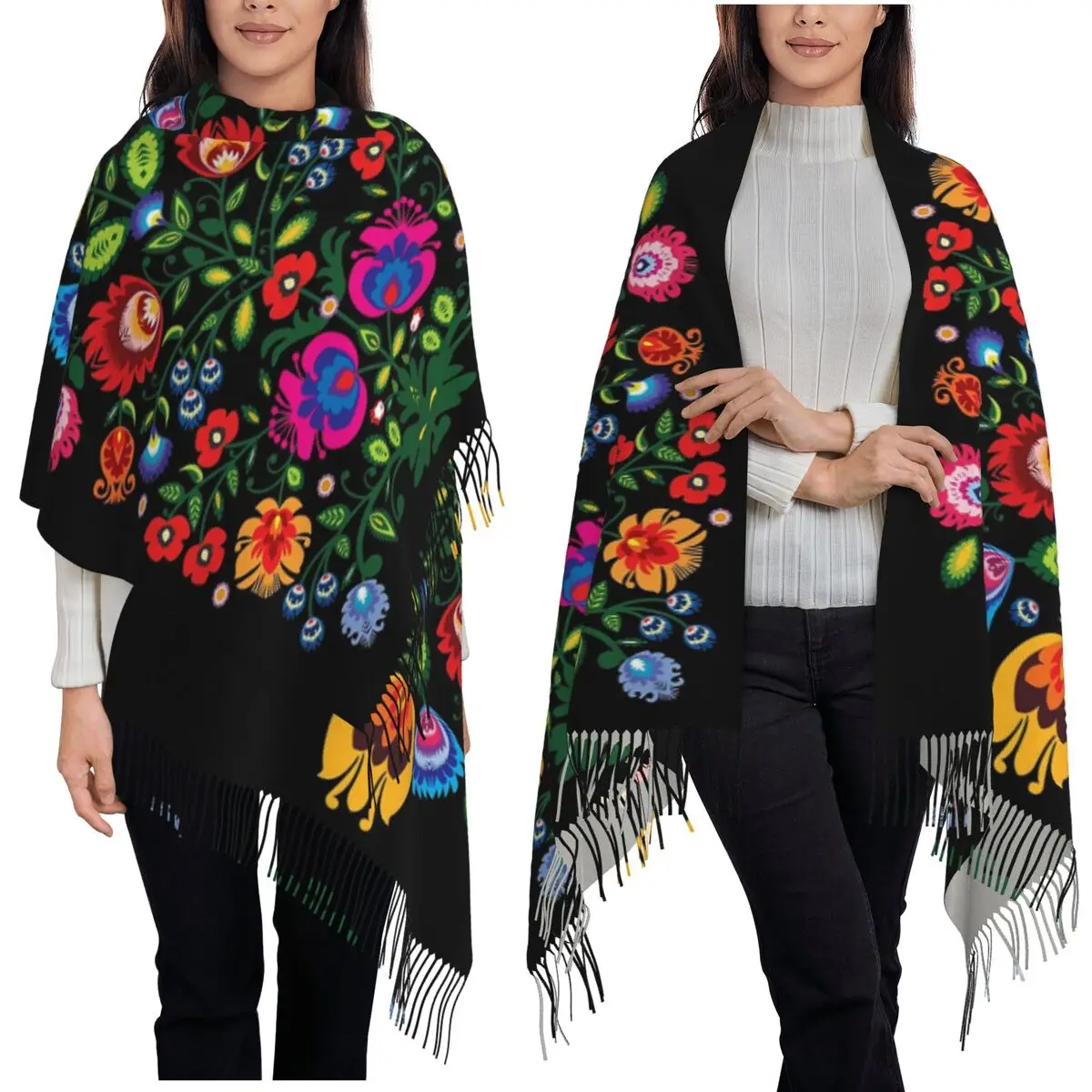 

Польский народный шарф с цветочным принтом, шарфы с кисточками для женщин, мягкие теплые шали и накидки, большая осенне-зимняя шаль