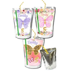 Butterfly Flower  Juice Pouch Bag Labels Personalized Custom Candy Box Bottle Name Stickers Birthday Baby Shower Christmas Decor