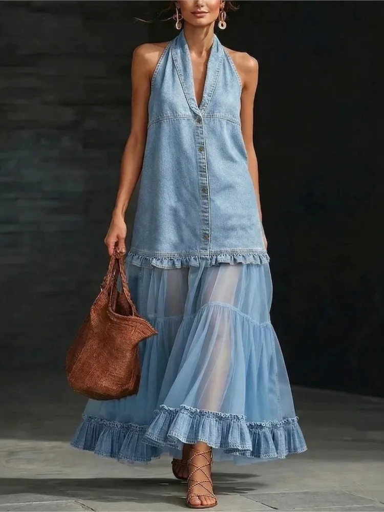 Women's Retro Imitation Denim Spliced ​​Dress Casual Sleeveless Ruffled Solid Dresses Spring Summer Fashion Elegant Casual Robe