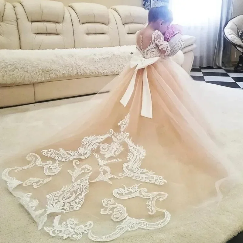 Champagne Lace Flower Girl Dress Detachable Trailing Children Kids Baby Girl for Wedding Birthday Party First Communion Dress