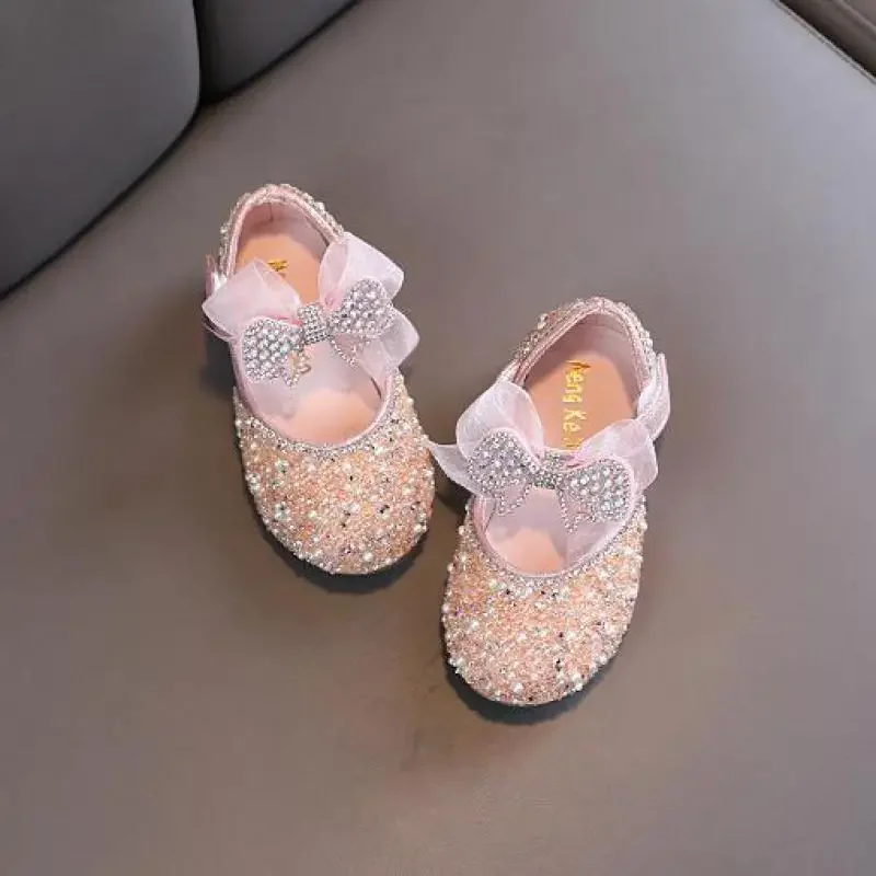 Novo crianças sapatos de couro lantejoulas meninas princesa strass bowknot único sapatos moda bebê crianças sapatos de casamento