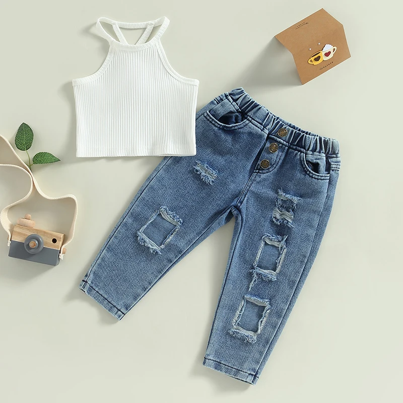 Toddler Baby Girls 2pcs Summer Pants Clothing Set Casual Kids Sleeveless Camisole Elastic Waist Ripped Jeans Children Outfit