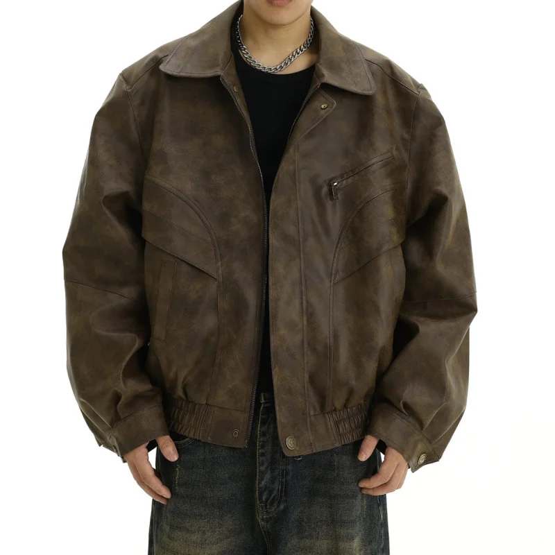 

Men's Leather Jacket American style Retro Brown Make old Coat High Street fashion Casual Baggy Polo collar Jacket for men