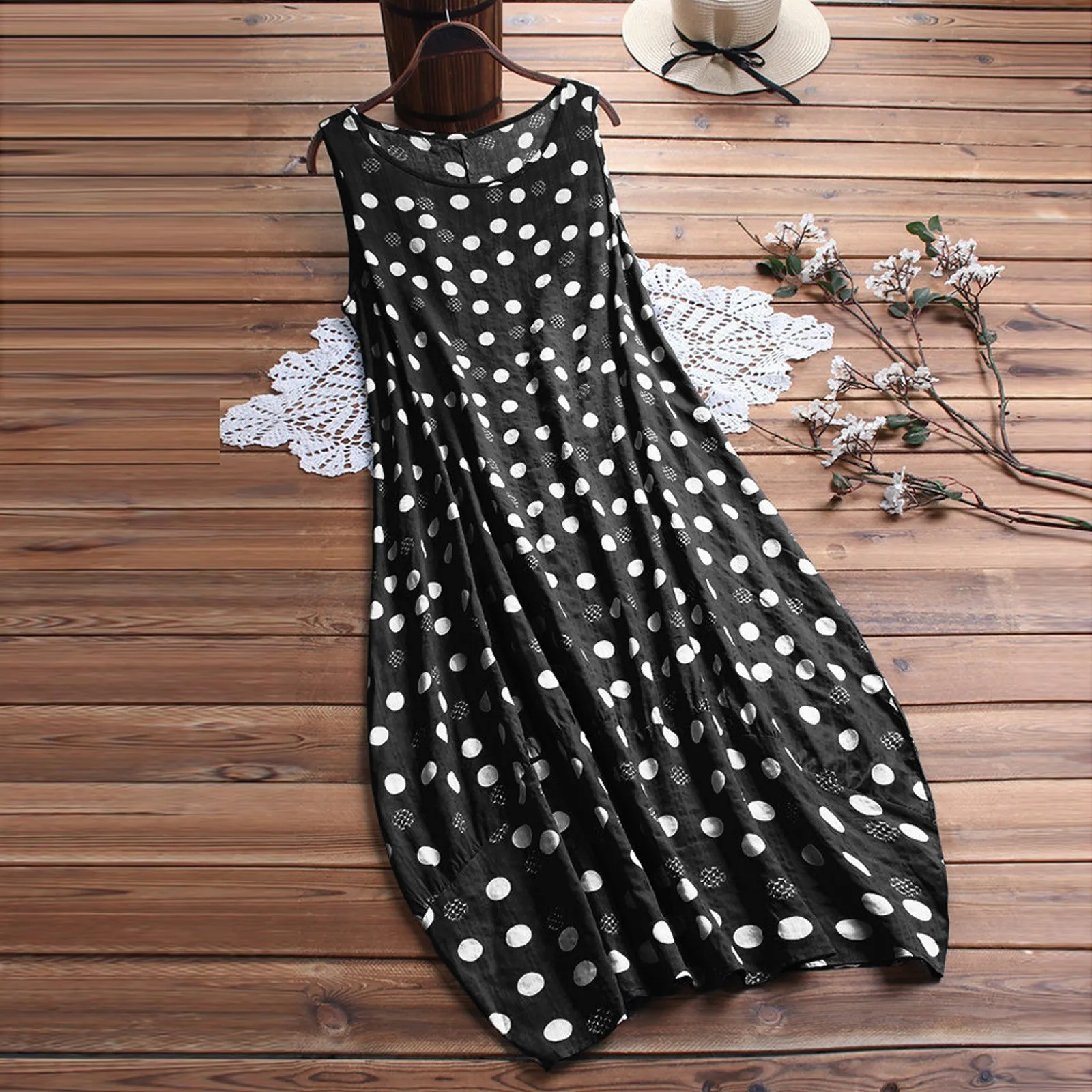 New 2023 Sleeveless Oversized Polka Dot Korean Fashion Elegant Vintage Chic Lady Women's Summer Long Dresses