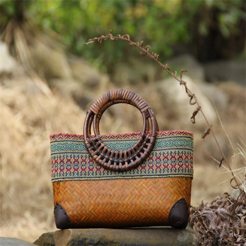 New Literature Art National Style Small Bag Bamboo Woven Women's Handbag Cotton Linen National Costume Matching Handicraft