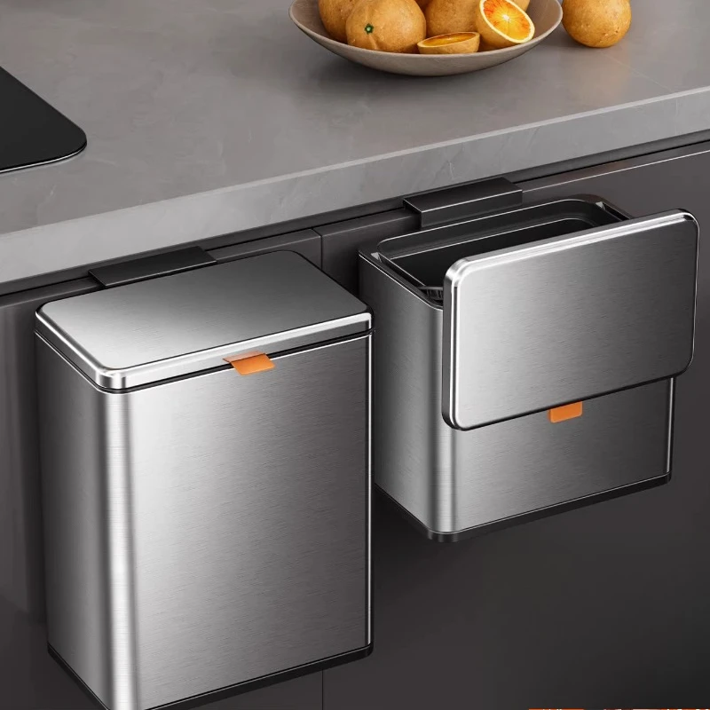 

Stainless Steel Kitchen Trash Can Wall Hanging Household Food Waste Hanging Storage Bucket with Lid