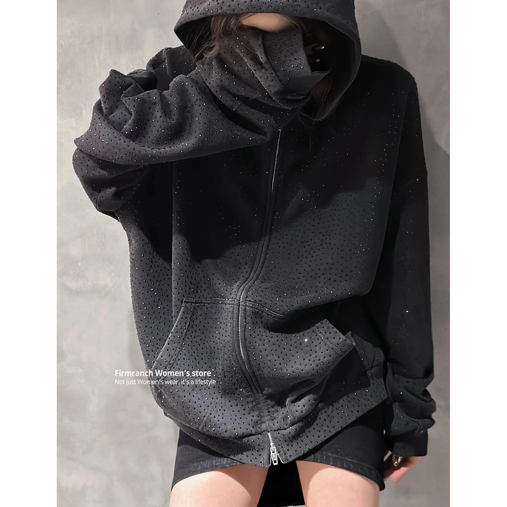 Firmranch Rhinestone Diamond Oversized Hoodies For Women Men Heavy High Quality Cotton Black White Shining Hooded Sweatshirt