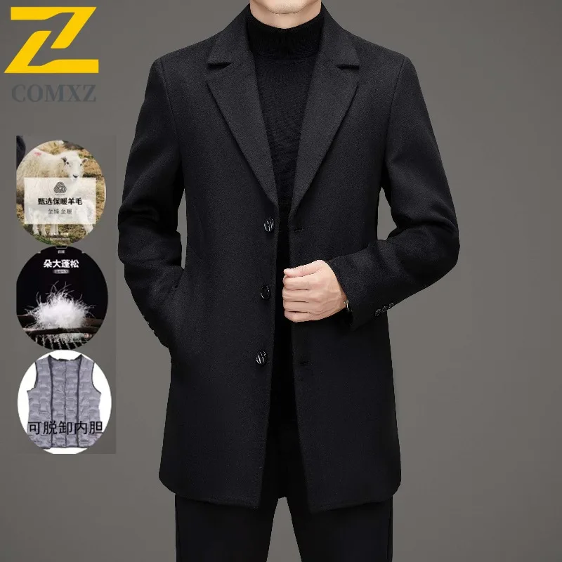 

COMXZ Autumn Winter Casual Wool Coat Men Long Thick Trench Detachable Down Lining waterproof windproof lightweight windbreaker