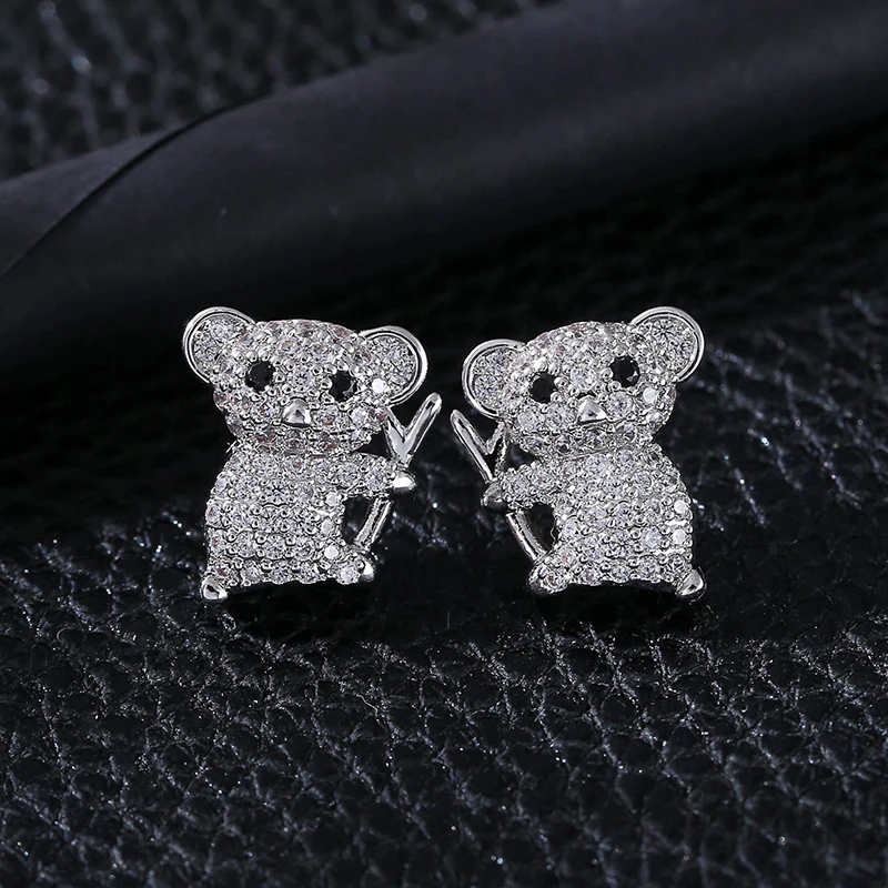 Pretty Cute Little Bear Copper Earrings Dazzling Full Zircon Paved Brass Animal Ear Stud For Lovely Girls Lady Party Jewelry