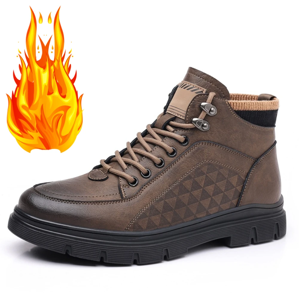 

2026Мужские высокие ботинки на шнуровке на плоском каблуке, противоскользящие однотонные кожаные ботинки, износостойкие новые высококачественные рабочие ботинки